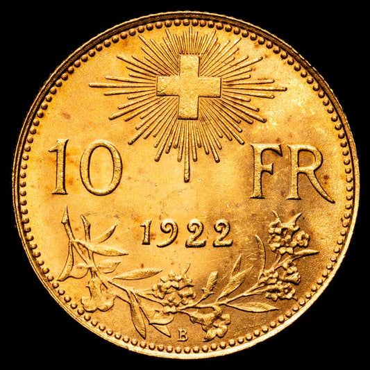 Suiza 10 francos 1922 B KM# 36, HMZ 2# 1196, N# 3950; Oro (.900) 3,23 g.; “Vreneli”; Casa de la Moneda de Berna; UNC- con brillo de ceca completo