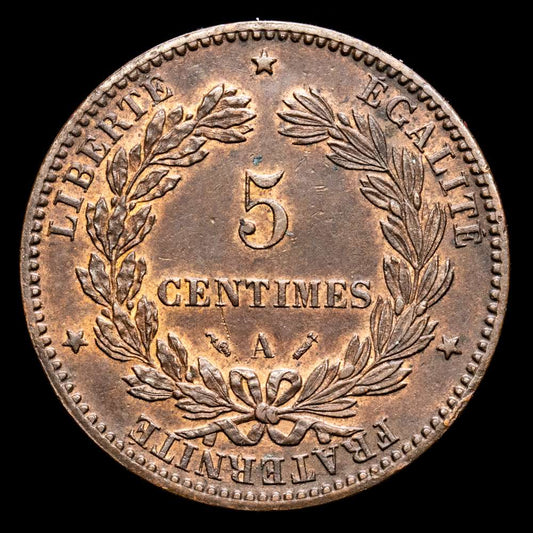 República de Francia. 5 Centimes. (4,99 g.). A-París. 1890. G-157-1. EBC+. Restos de brillo original.