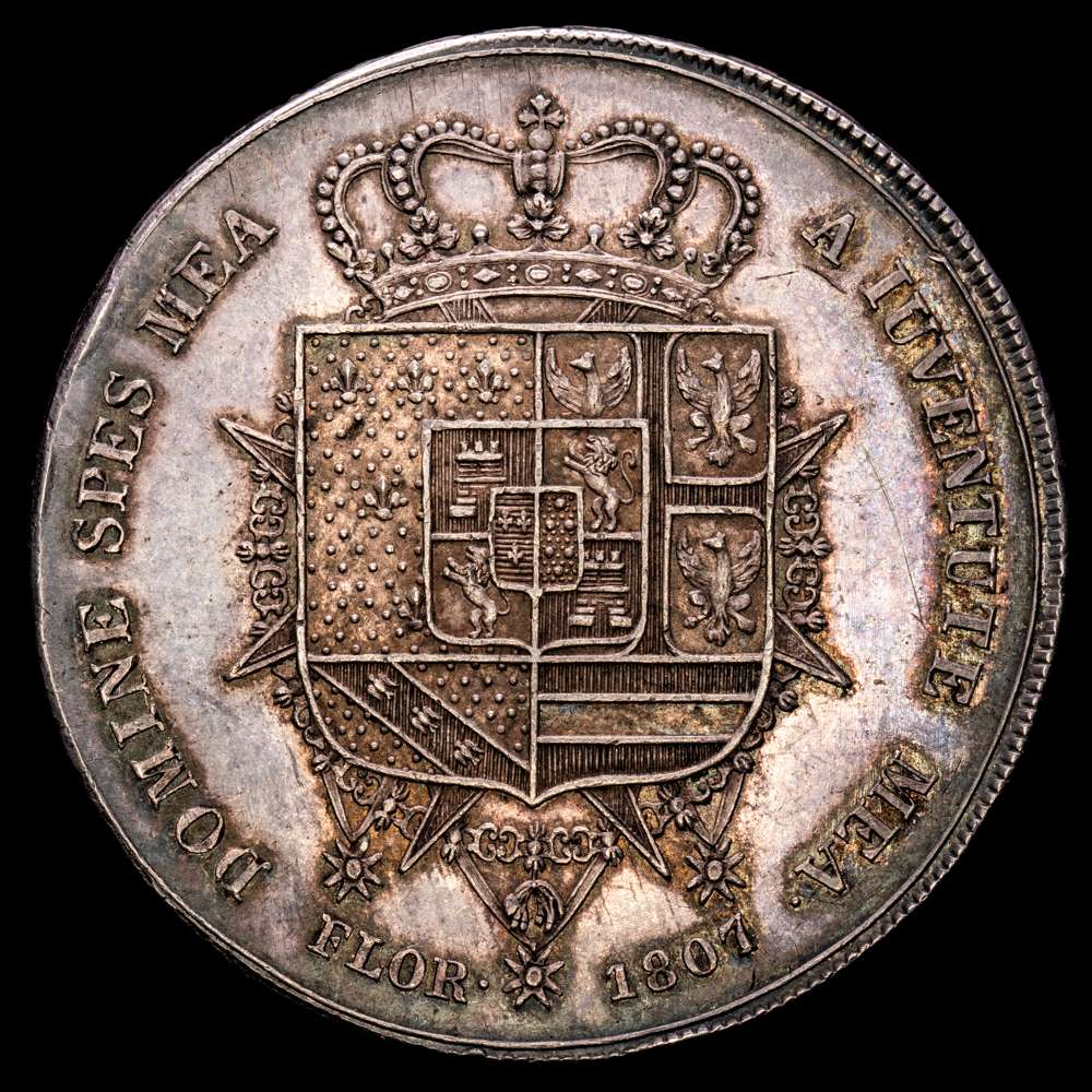 Italia – Estados italianos FIRENZA Carlo Ludovico Borbone et Maria Luigia (Scudo da 10 Lire Fiorentine), 1807. AG 39,13g. Excelente. Bella pátina.