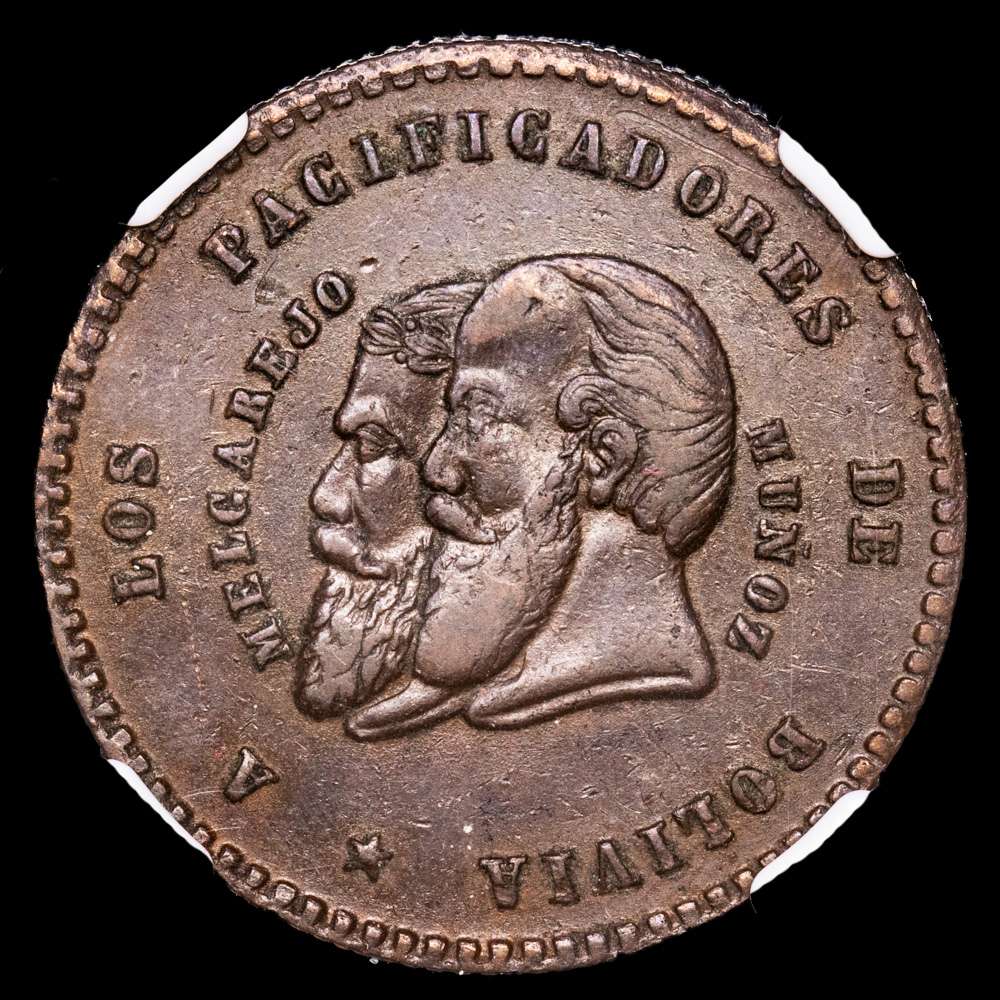 Bolivia. 1/2 Melgralejo. ( g.). 1865. Cooper. Short beards. Encapsulado por NGC VF35 BN.