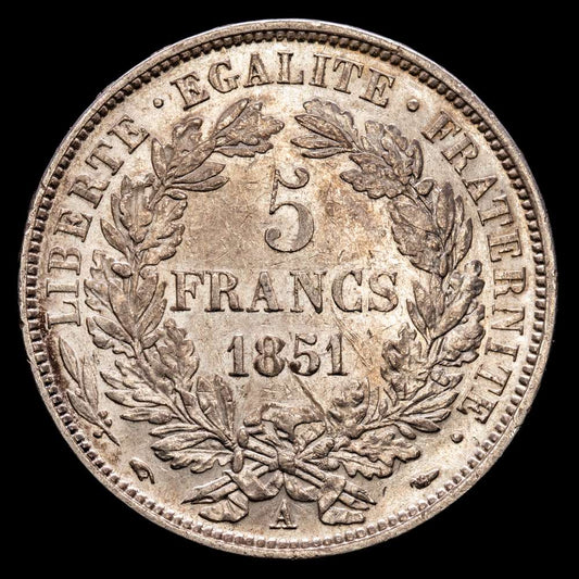 Francia – II República. 5 Francs. (24,92 g.). A-Paris. 1851. KM-761. XF+. Pátina