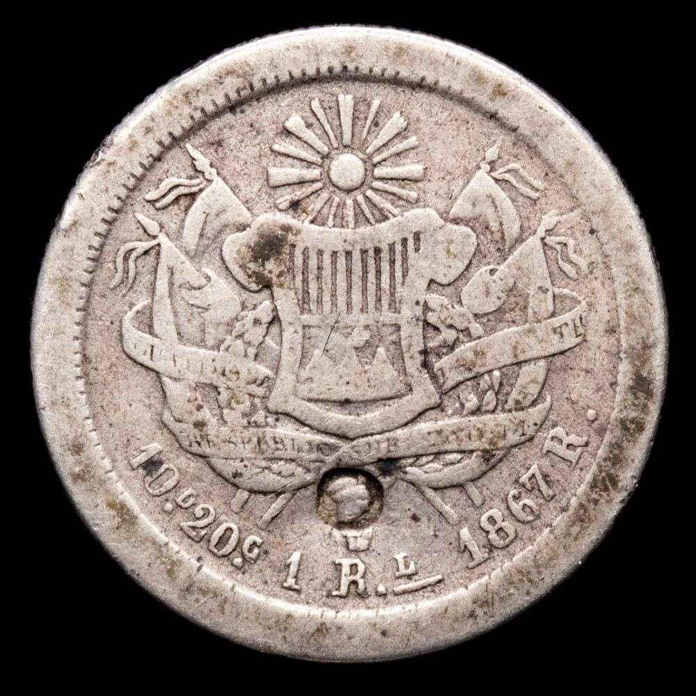 República de Guatemala – 1 Real (2,84 g.). Guatemala. 1867-R. Ensayador R. KM-141. F. Con contramarca.