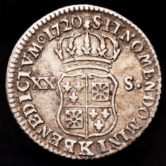 Francia – Luis XV. 20 Sols. (3,88 g.). Burdeos. 1720. K. GAD-295. MBC. “20 Sols de Navarra”
