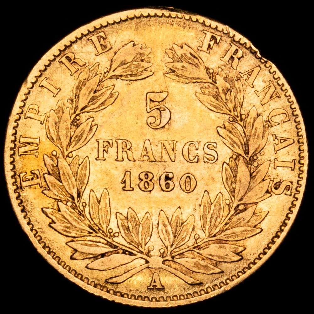 Francia – Napoleón III. 5 Franc. (1,59 g.). París (A). 1860. KM-803.1. MBC.