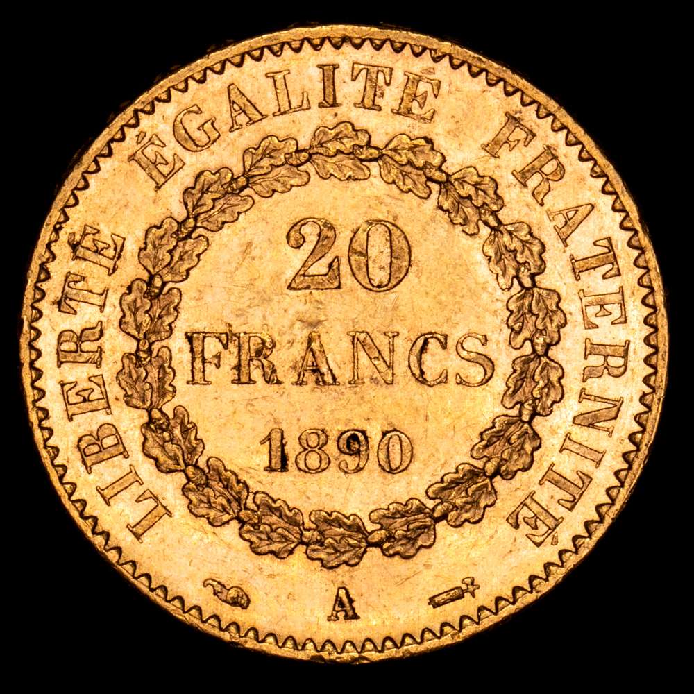 Francia. 20 Francs. (6,49 g.). A-Paris. 1890. KM-825. XF+. Brillo original.