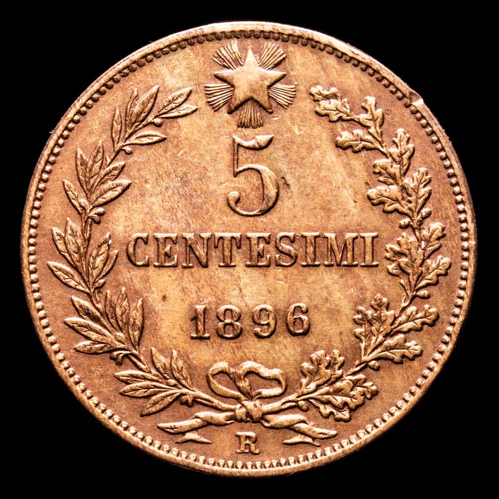 Italia – Umberto I. 5 Centesimi. (4,97 g.). Roma. 1896. MONT-66. EBC-. Limpiada