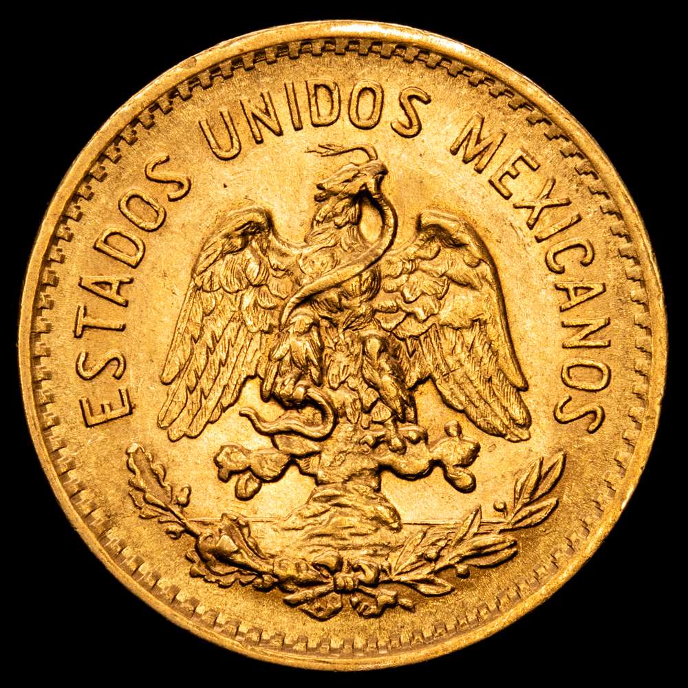 México. 5 pesos, 1919-M. Fr-168; KM-464. Peso 0.1206 onzas. Cabeza de Hidalgo a la izquierda. EBC+.
