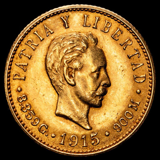 Cuba Primera República 1915 5 Pesos (José Martí) Oro (.900) Casa de la Moneda de Filadelfia (696000) 8,38 g. KM 19 JMA 104-105 Y 13 Fr 4. XF.
