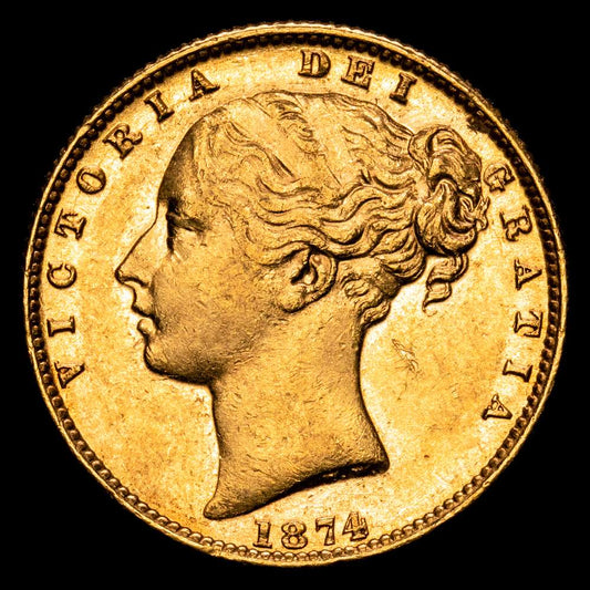 Soverano. Victoria “Shield”. AUSTRALIA. 1874-M AU58 NGC, Casa de la Moneda de Melbourne, KM6, S-3854.