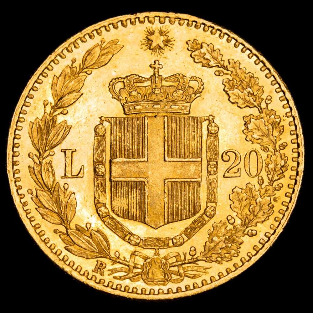 Italia – Umberto I. 20 Liras. (6,45g.). Roma · R. 1882. KM-21. UNC-.