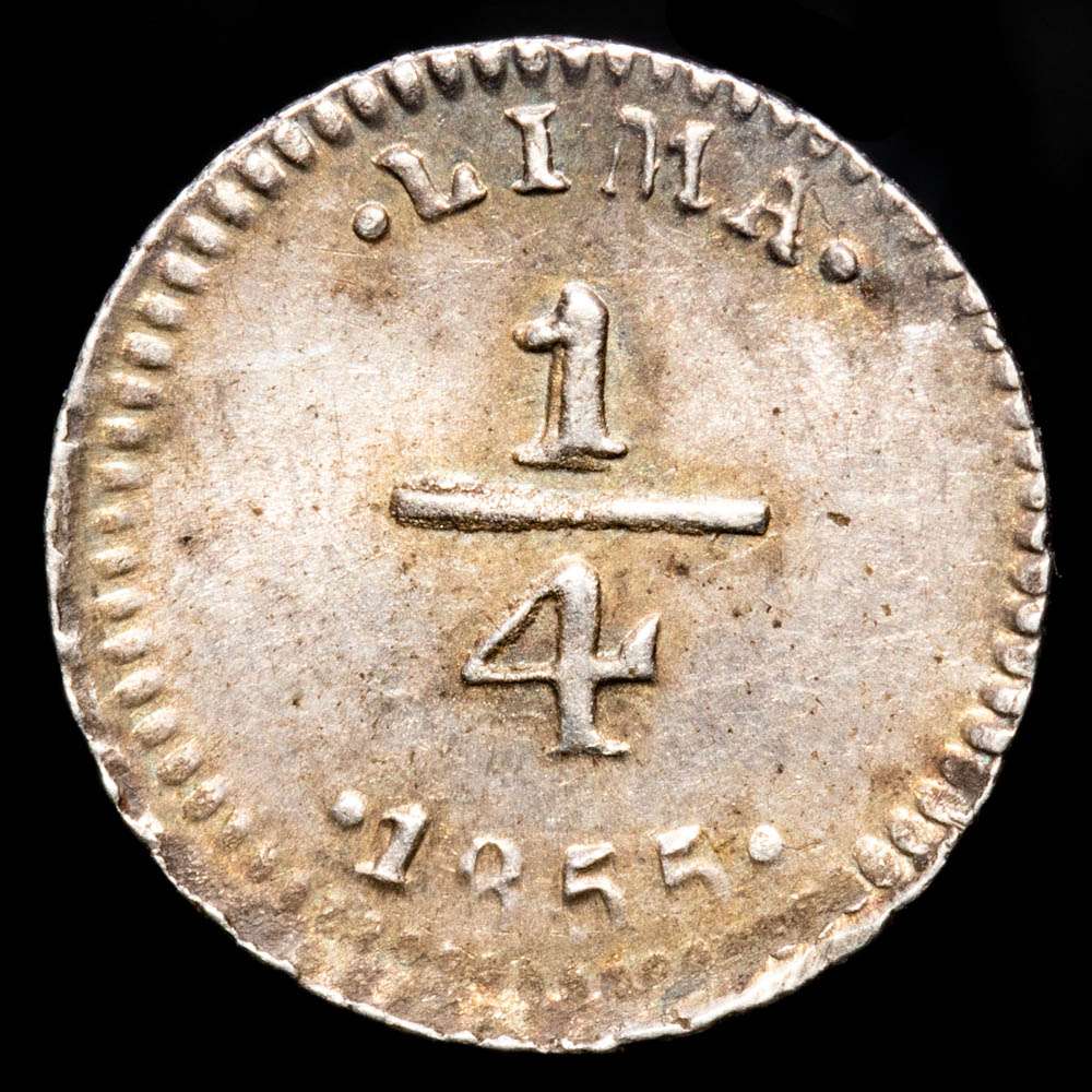 Perú. 1/4 de Real. (0,81 g.). Lima. 1855. KM-143.1. AU-53. Restos de brillo original.