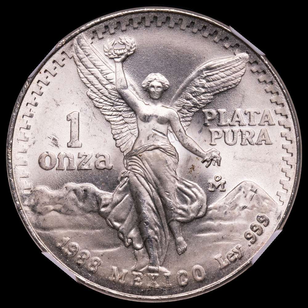 Estados Unidos Mexicanos. 1 Onza. (31,1 g.). México. 1988. KM-613. Encapsulada por NGC como MS65.