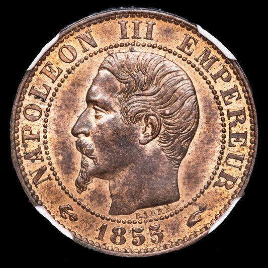 Francia. 5 Cents. ( g.). Paris. 1855. A. Anchor. Encapsulado por NGC MS63 RB.